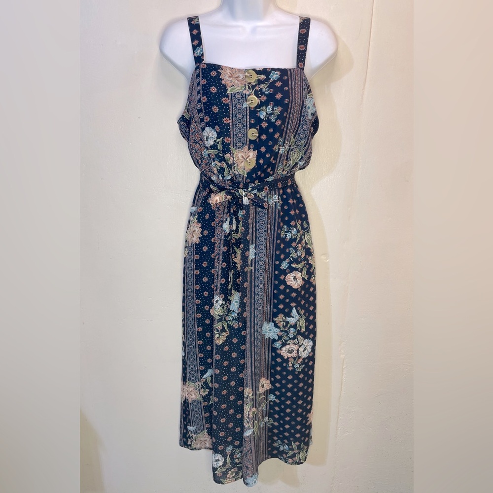 #0195-A.U.W. Navy Blue Floral Jumpsuit with Square Neck & matching fabric belt-M